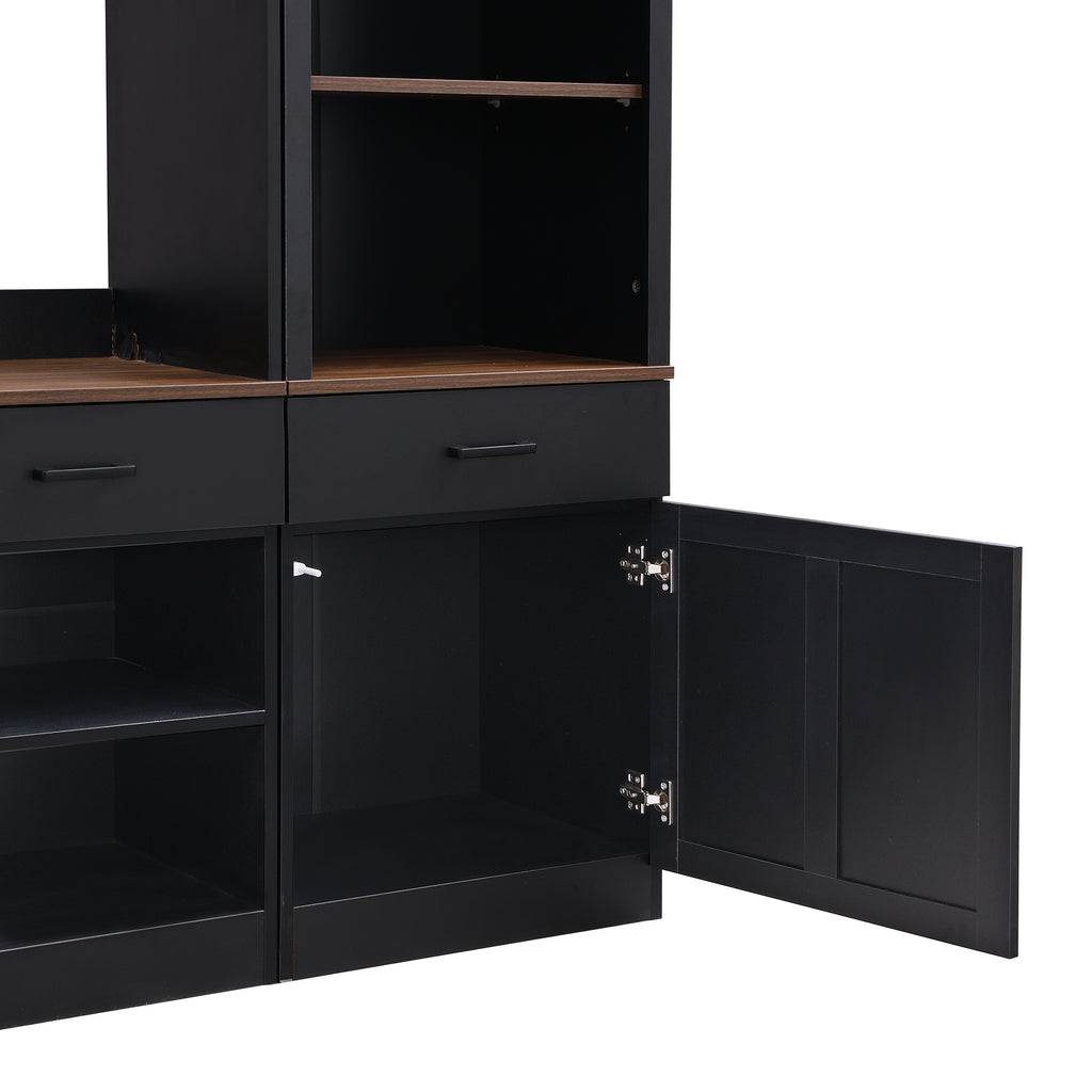 ON-TREND Farmhouse 4-Piece Entertainment Wall Unit Set with Bookshelf for TVs Up to 70', Walnut TV Stand with Adjustable Shelves, Mid-Century Large Media Console with Wine Rack for Living Room, Black