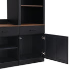 ON-TREND Farmhouse 4-Piece Entertainment Wall Unit Set with Bookshelf for TVs Up to 70', Walnut TV Stand with Adjustable Shelves, Mid-Century Large Media Console with Wine Rack for Living Room, Black