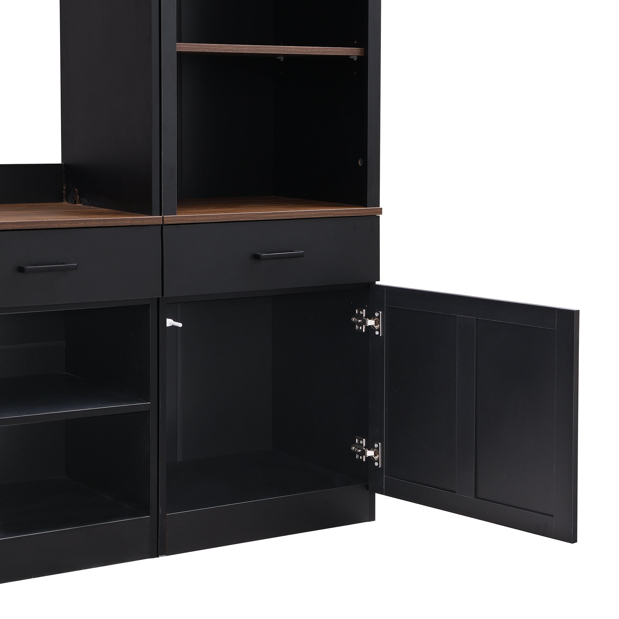 ON-TREND Farmhouse 4-Piece Entertainment Wall Unit Set with Bookshelf for TVs Up to 70', Walnut TV Stand with Adjustable Shelves, Mid-Century Large Media Console with Wine Rack for Living Room, Black