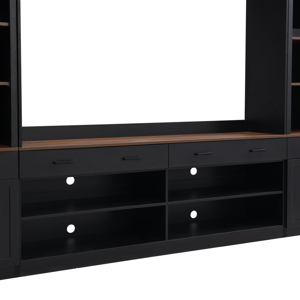 ON-TREND Farmhouse 4-Piece Entertainment Wall Unit Set with Bookshelf for TVs Up to 70', Walnut TV Stand with Adjustable Shelves, Mid-Century Large Media Console with Wine Rack for Living Room, Black