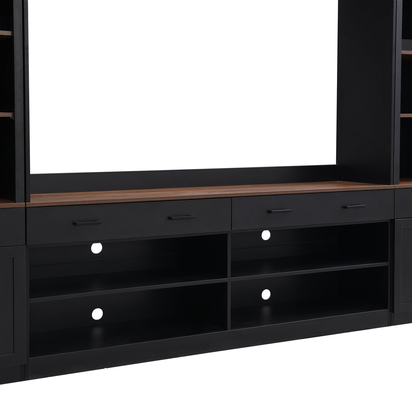 ON-TREND Farmhouse 4-Piece Entertainment Wall Unit Set with Bookshelf for TVs Up to 70', Walnut TV Stand with Adjustable Shelves, Mid-Century Large Media Console with Wine Rack for Living Room, Black