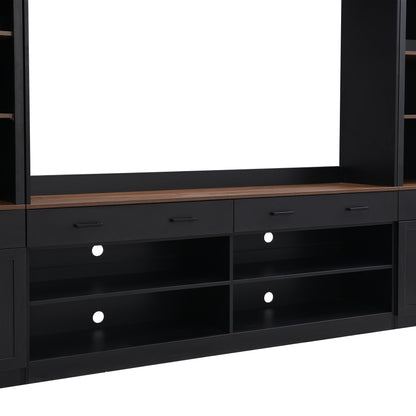 ON-TREND Farmhouse 4-Piece Entertainment Wall Unit Set with Bookshelf for TVs Up to 70', Walnut TV Stand with Adjustable Shelves, Mid-Century Large Media Console with Wine Rack for Living Room, Black