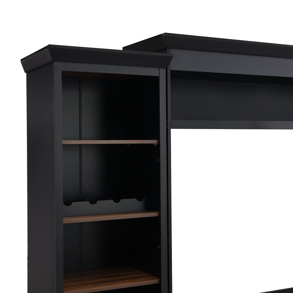 ON-TREND Farmhouse 4-Piece Entertainment Wall Unit Set with Bookshelf for TVs Up to 70', Walnut TV Stand with Adjustable Shelves, Mid-Century Large Media Console with Wine Rack for Living Room, Black