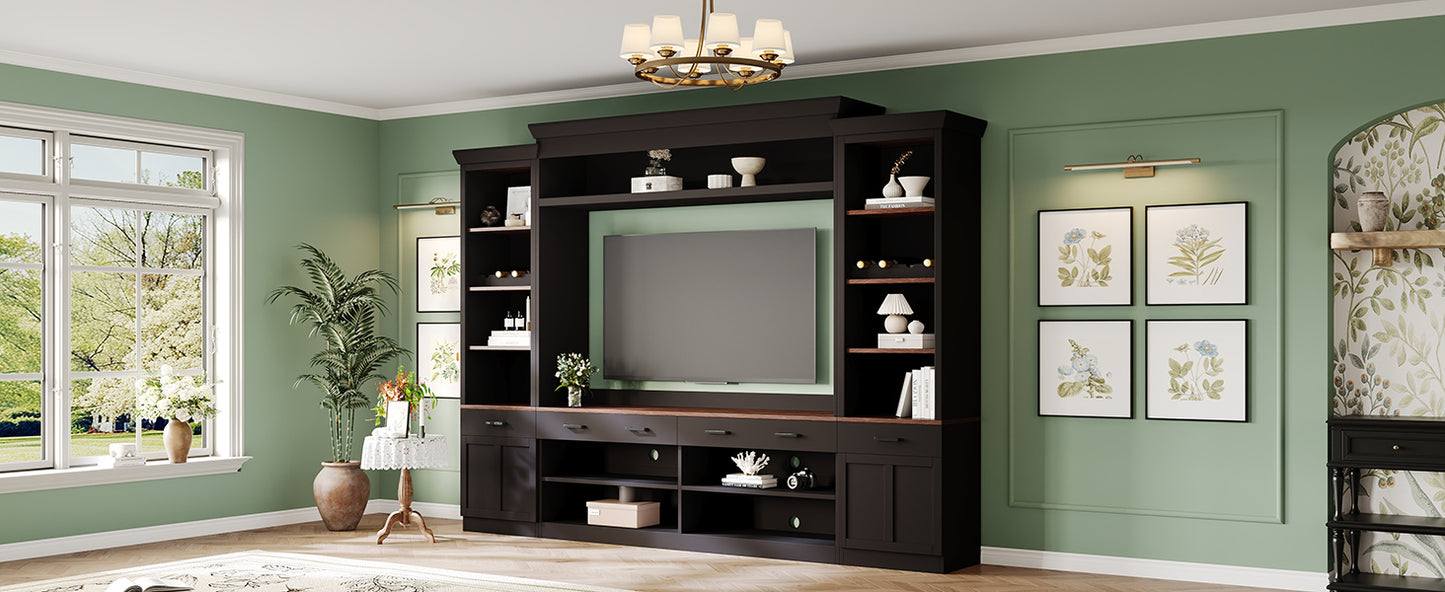 ON-TREND Farmhouse 4-Piece Entertainment Wall Unit Set with Bookshelf for TVs Up to 70', Walnut TV Stand with Adjustable Shelves, Mid-Century Large Media Console with Wine Rack for Living Room, Black