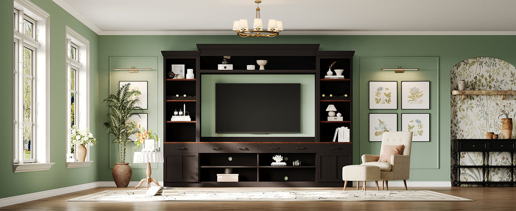 ON-TREND Farmhouse 4-Piece Entertainment Wall Unit Set with Bookshelf for TVs Up to 70', Walnut TV Stand with Adjustable Shelves, Mid-Century Large Media Console with Wine Rack for Living Room, Black