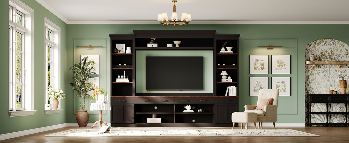 ON-TREND Farmhouse 4-Piece Entertainment Wall Unit Set with Bookshelf for TVs Up to 70', Walnut TV Stand with Adjustable Shelves, Mid-Century Large Media Console with Wine Rack for Living Room, Black