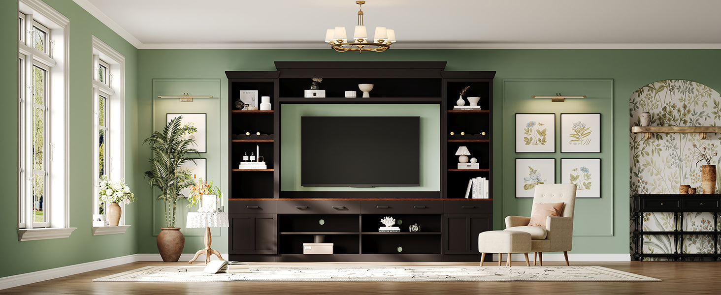 ON-TREND Farmhouse 4-Piece Entertainment Wall Unit Set with Bookshelf for TVs Up to 70', Walnut TV Stand with Adjustable Shelves, Mid-Century Large Media Console with Wine Rack for Living Room, Black