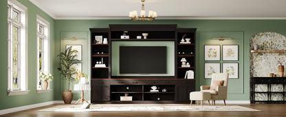 ON-TREND Farmhouse 4-Piece Entertainment Wall Unit Set with Bookshelf for TVs Up to 70', Walnut TV Stand with Adjustable Shelves, Mid-Century Large Media Console with Wine Rack for Living Room, Black