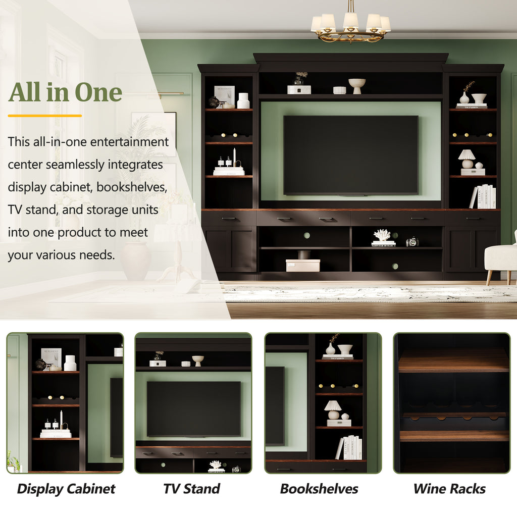 ON-TREND Farmhouse 4-Piece Entertainment Wall Unit Set with Bookshelf for TVs Up to 70', Walnut TV Stand with Adjustable Shelves, Mid-Century Large Media Console with Wine Rack for Living Room, Black