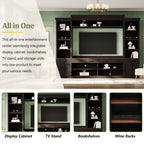 ON-TREND Farmhouse 4-Piece Entertainment Wall Unit Set with Bookshelf for TVs Up to 70', Walnut TV Stand with Adjustable Shelves, Mid-Century Large Media Console with Wine Rack for Living Room, Black