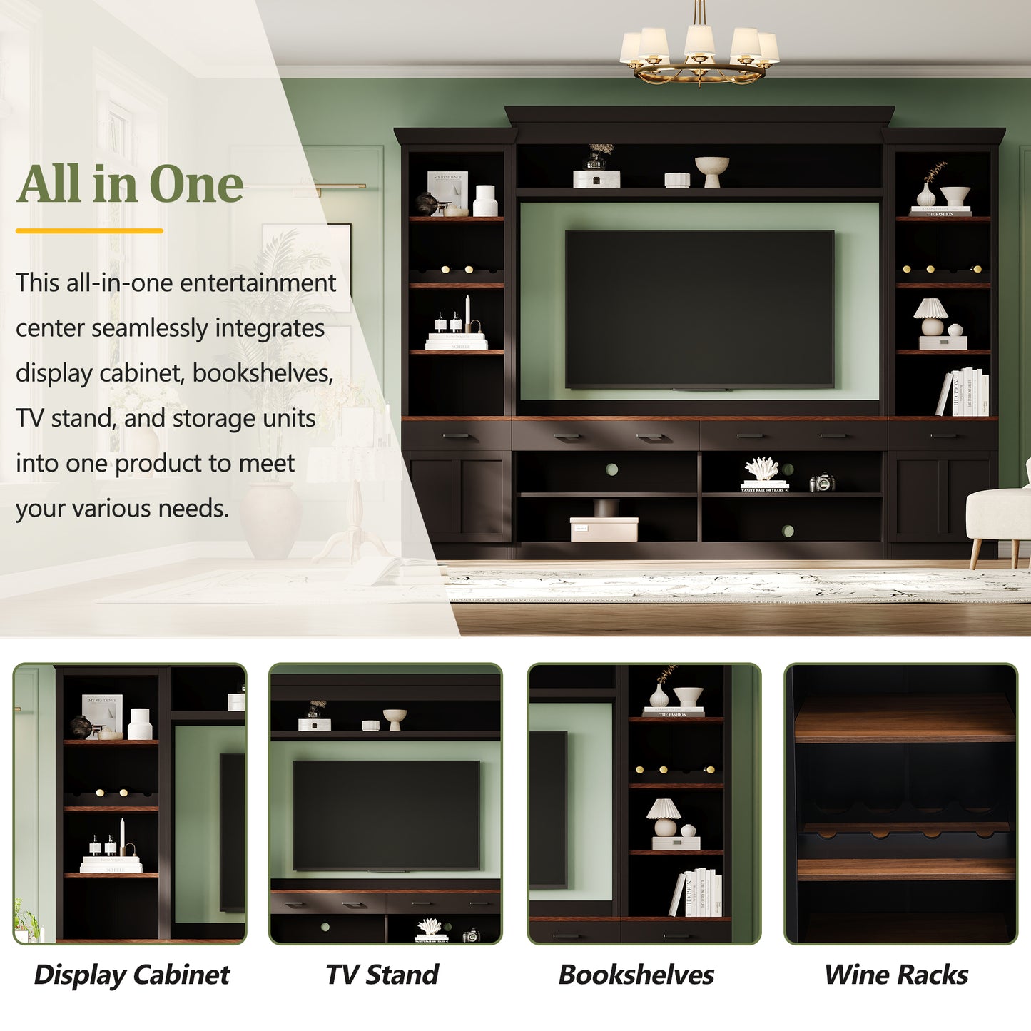 ON-TREND Farmhouse 4-Piece Entertainment Wall Unit Set with Bookshelf for TVs Up to 70', Walnut TV Stand with Adjustable Shelves, Mid-Century Large Media Console with Wine Rack for Living Room, Black