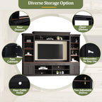 ON-TREND Farmhouse 4-Piece Entertainment Wall Unit Set with Bookshelf for TVs Up to 70', Walnut TV Stand with Adjustable Shelves, Mid-Century Large Media Console with Wine Rack for Living Room, Black