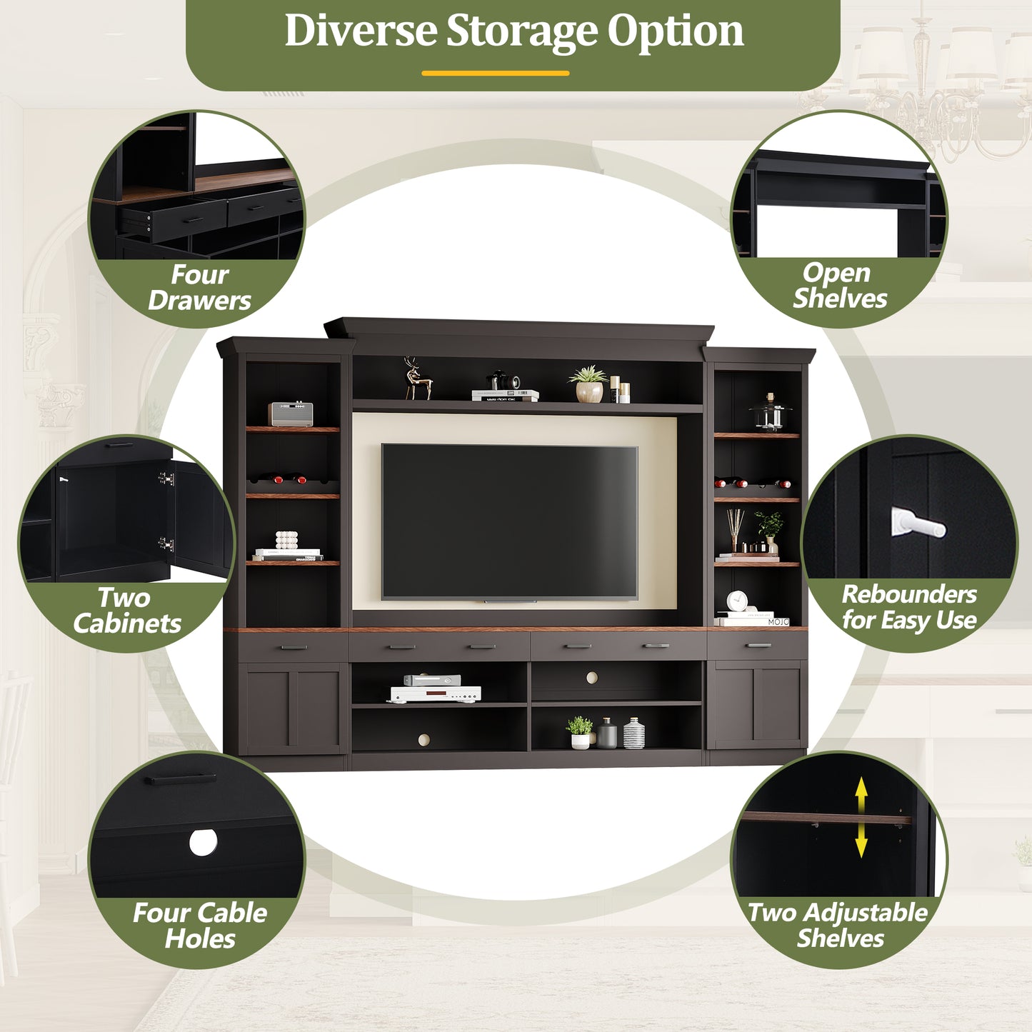 ON-TREND Farmhouse 4-Piece Entertainment Wall Unit Set with Bookshelf for TVs Up to 70', Walnut TV Stand with Adjustable Shelves, Mid-Century Large Media Console with Wine Rack for Living Room, Black