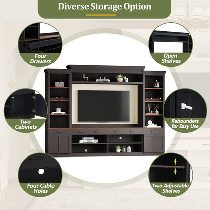 ON-TREND Farmhouse 4-Piece Entertainment Wall Unit Set with Bookshelf for TVs Up to 70', Walnut TV Stand with Adjustable Shelves, Mid-Century Large Media Console with Wine Rack for Living Room, Black