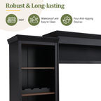 ON-TREND Farmhouse 4-Piece Entertainment Wall Unit Set with Bookshelf for TVs Up to 70', Walnut TV Stand with Adjustable Shelves, Mid-Century Large Media Console with Wine Rack for Living Room, Black