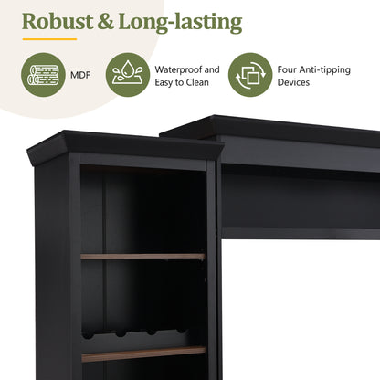 ON-TREND Farmhouse 4-Piece Entertainment Wall Unit Set with Bookshelf for TVs Up to 70', Walnut TV Stand with Adjustable Shelves, Mid-Century Large Media Console with Wine Rack for Living Room, Black