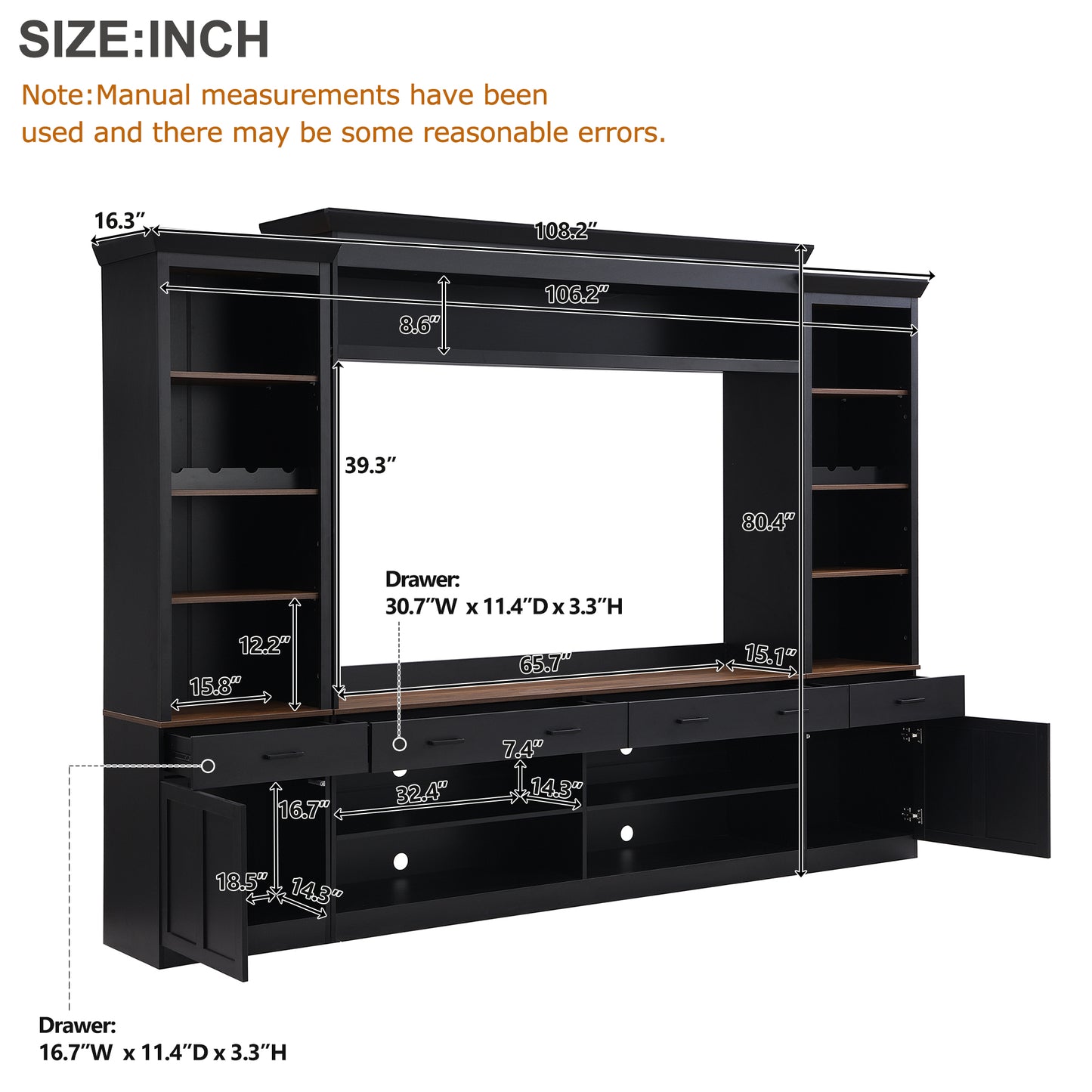 ON-TREND Farmhouse 4-Piece Entertainment Wall Unit Set with Bookshelf for TVs Up to 70', Walnut TV Stand with Adjustable Shelves, Mid-Century Large Media Console with Wine Rack for Living Room, Black