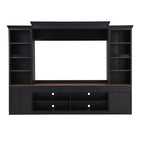 ON-TREND Farmhouse 4-Piece Entertainment Wall Unit Set with Bookshelf for TVs Up to 70', Walnut TV Stand with Adjustable Shelves, Mid-Century Large Media Console with Wine Rack for Living Room, Black