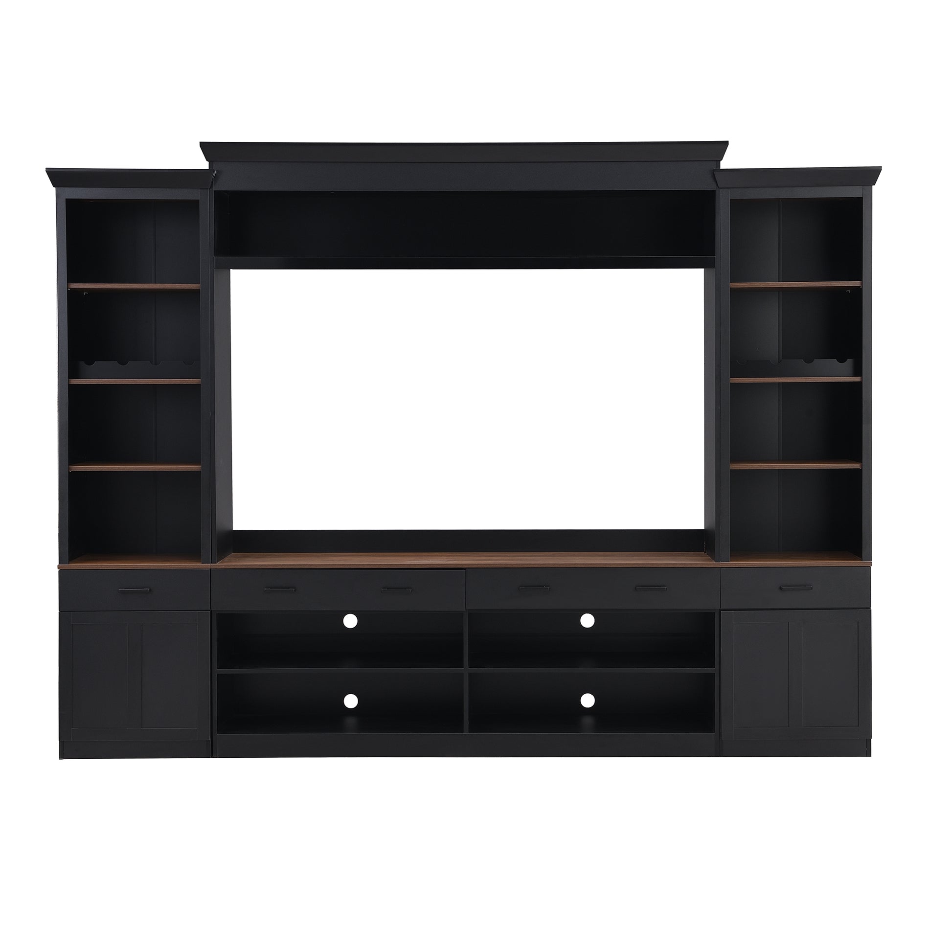 ON-TREND Farmhouse 4-Piece Entertainment Wall Unit Set with Bookshelf for TVs Up to 70', Walnut TV Stand with Adjustable Shelves, Mid-Century Large Media Console with Wine Rack for Living Room, Black