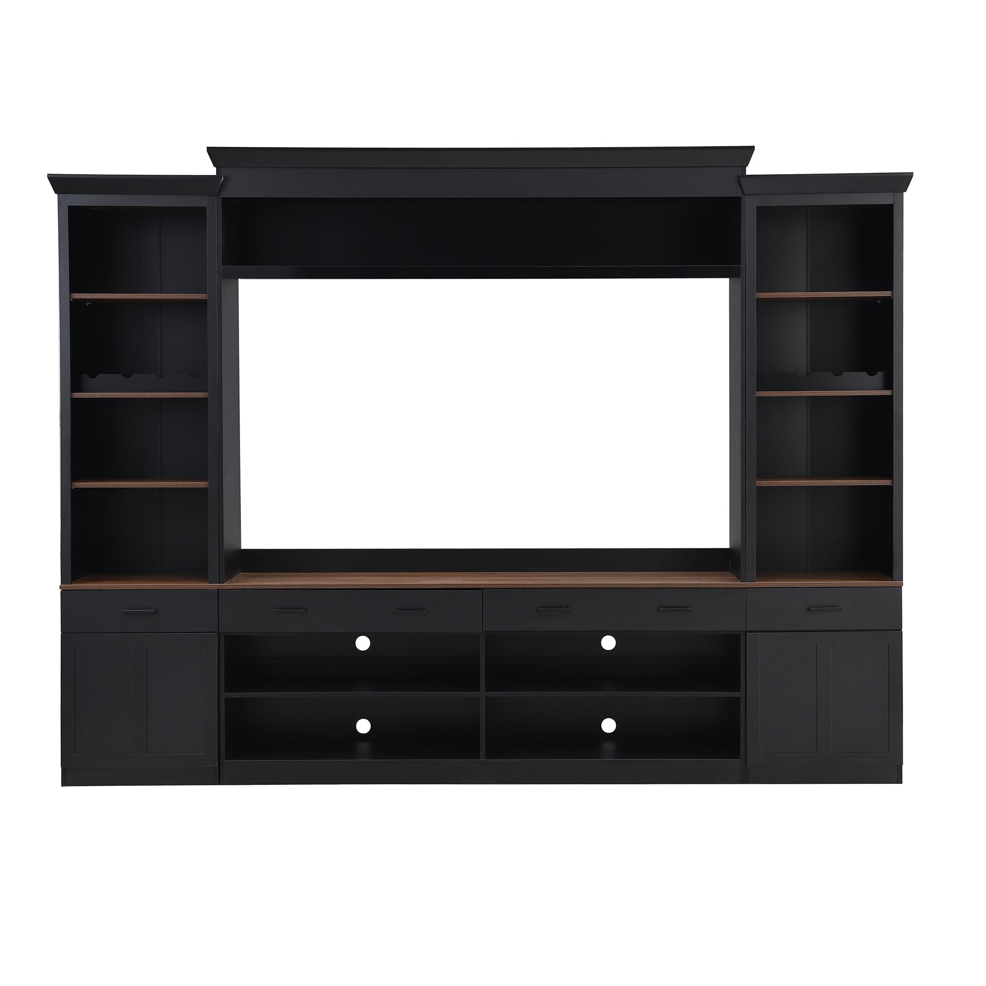 ON-TREND Farmhouse 4-Piece Entertainment Wall Unit Set with Bookshelf for TVs Up to 70', Walnut TV Stand with Adjustable Shelves, Mid-Century Large Media Console with Wine Rack for Living Room, Black