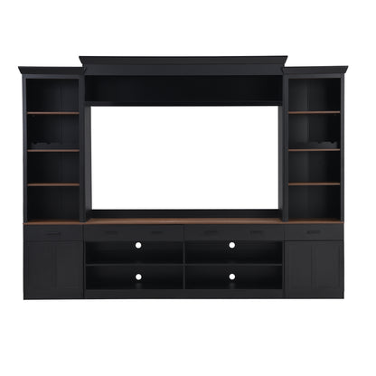 ON-TREND Farmhouse 4-Piece Entertainment Wall Unit Set with Bookshelf for TVs Up to 70', Walnut TV Stand with Adjustable Shelves, Mid-Century Large Media Console with Wine Rack for Living Room, Black