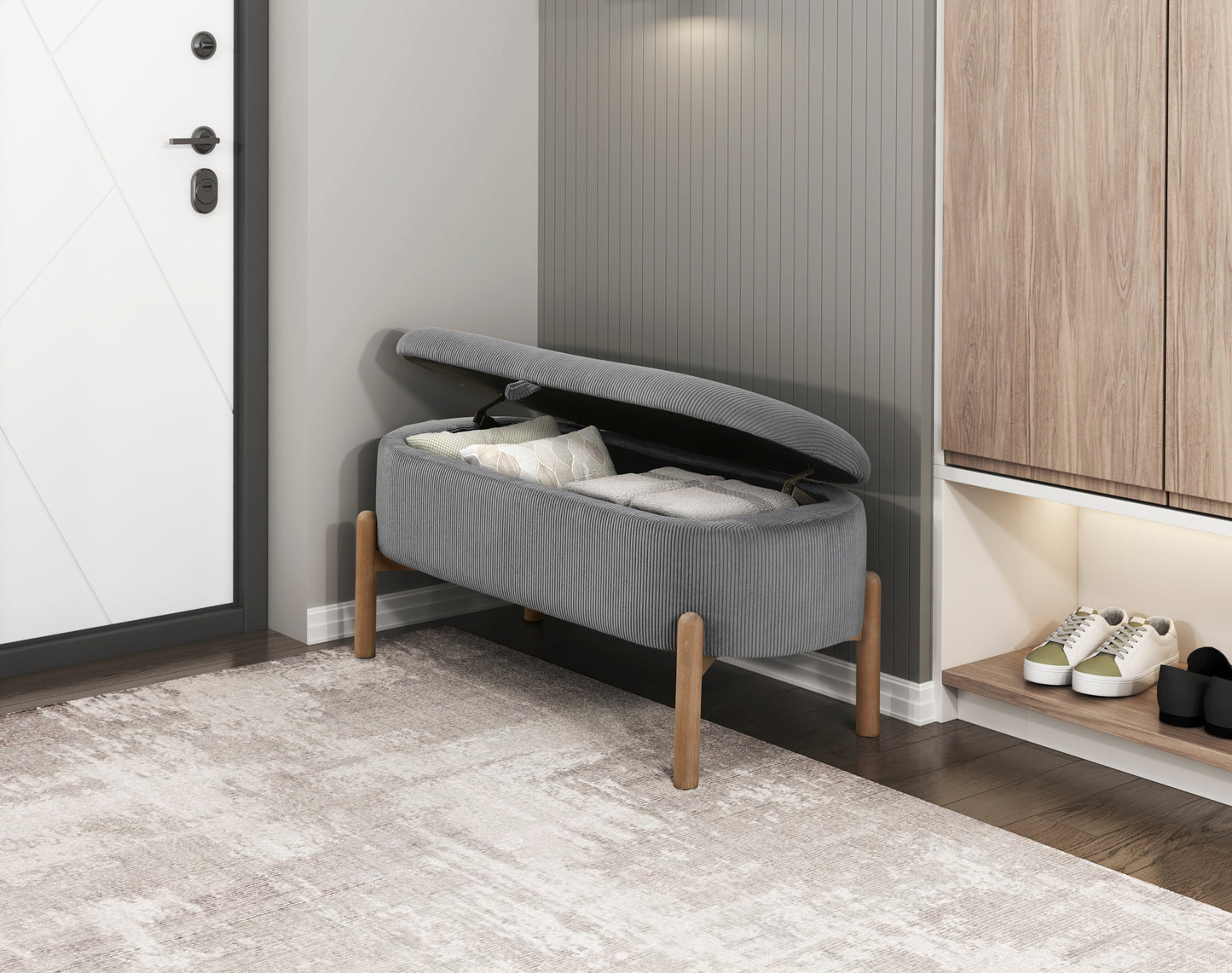 Storage Bench Gray Cushioned Seat Corduroy Upholstery Lift Top Solid Wood Legs 1pc