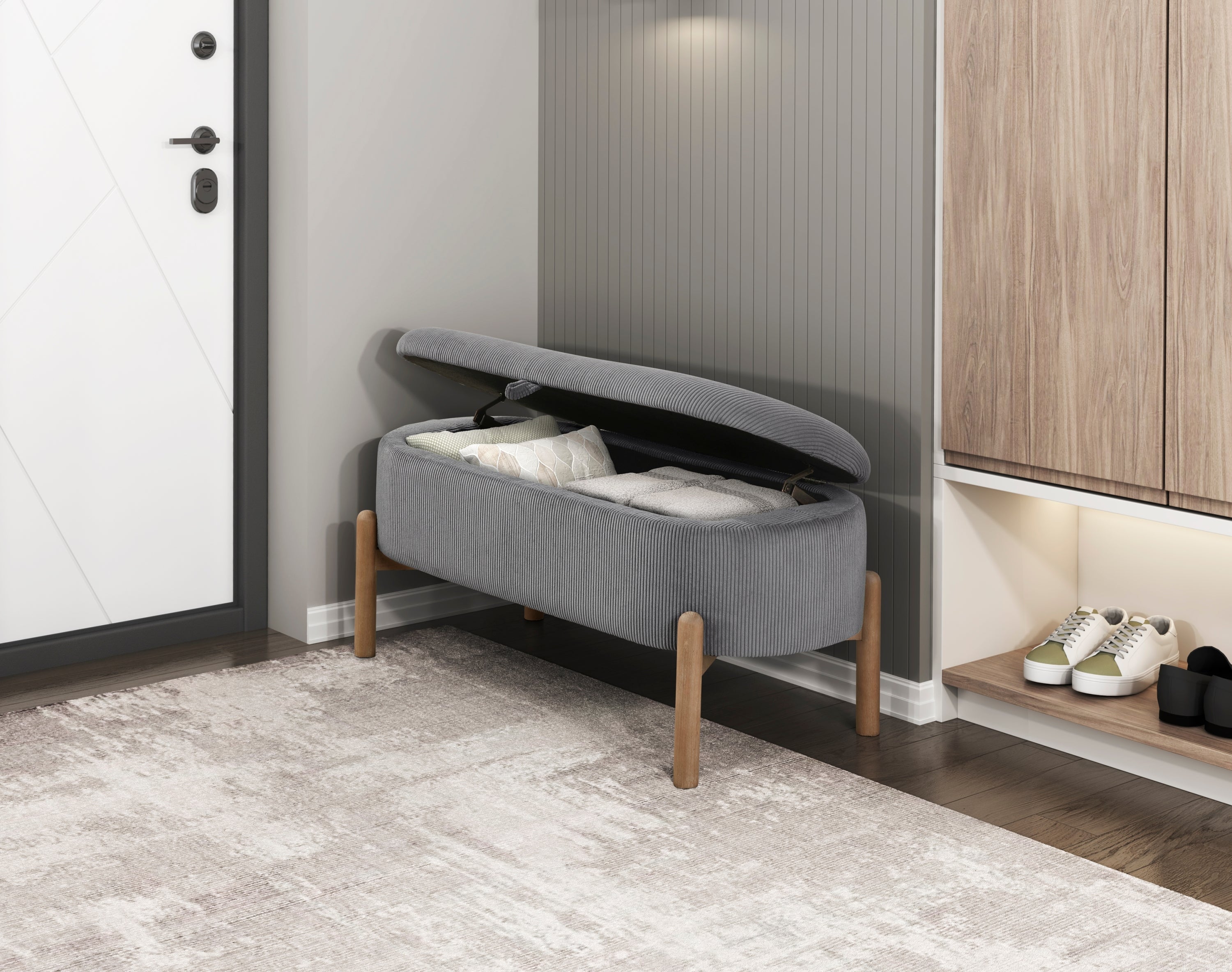 Storage Bench Gray Cushioned Seat Corduroy Upholstery Lift Top Solid Wood Legs 1pc