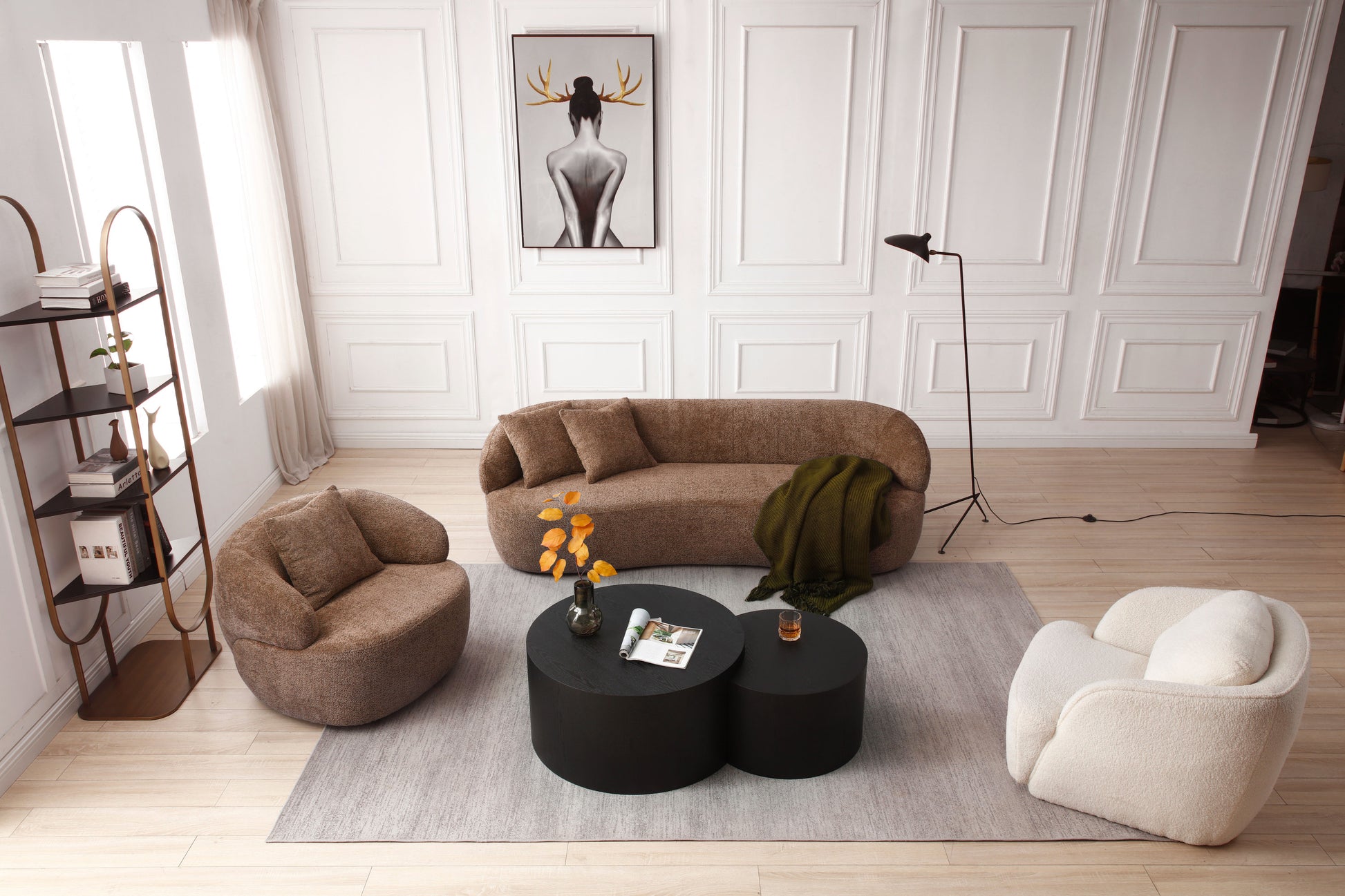 360° Swivel Mid Century Modern Curved Sofa, 1-Seat Cloud couch Boucle sofa Fabric Couch for Living Room, Bedroom, Office Brown