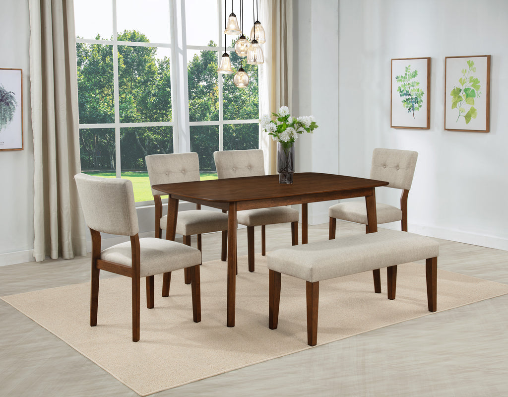 Mid-century Modern 6pc Dining Set Rectangular Table Warm Wood Finish Upholstered Chair Bench Brown Wooden Dining Room Furniture