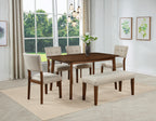 Mid-century Modern 6pc Dining Set Rectangular Table Warm Wood Finish Upholstered Chair Bench Brown Wooden Dining Room Furniture