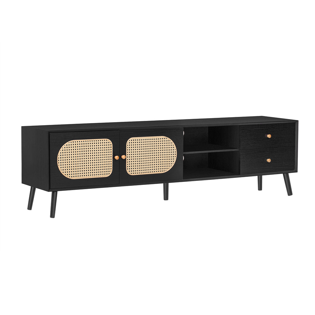 70' TV Stand for TVs up to 80 Inches, Mid Century Modern Entertainment Center with Rattan Doors, 2 Drawers, and Open Shelf, Television Stand for Living Room