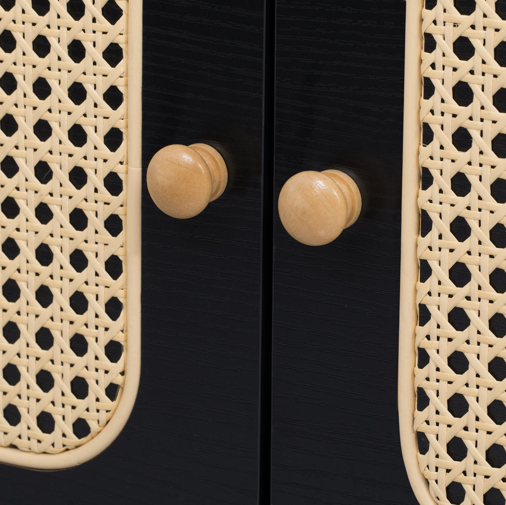 70' TV Stand for TVs up to 80 Inches, Mid Century Modern Entertainment Center with Rattan Doors, 2 Drawers, and Open Shelf, Television Stand for Living Room