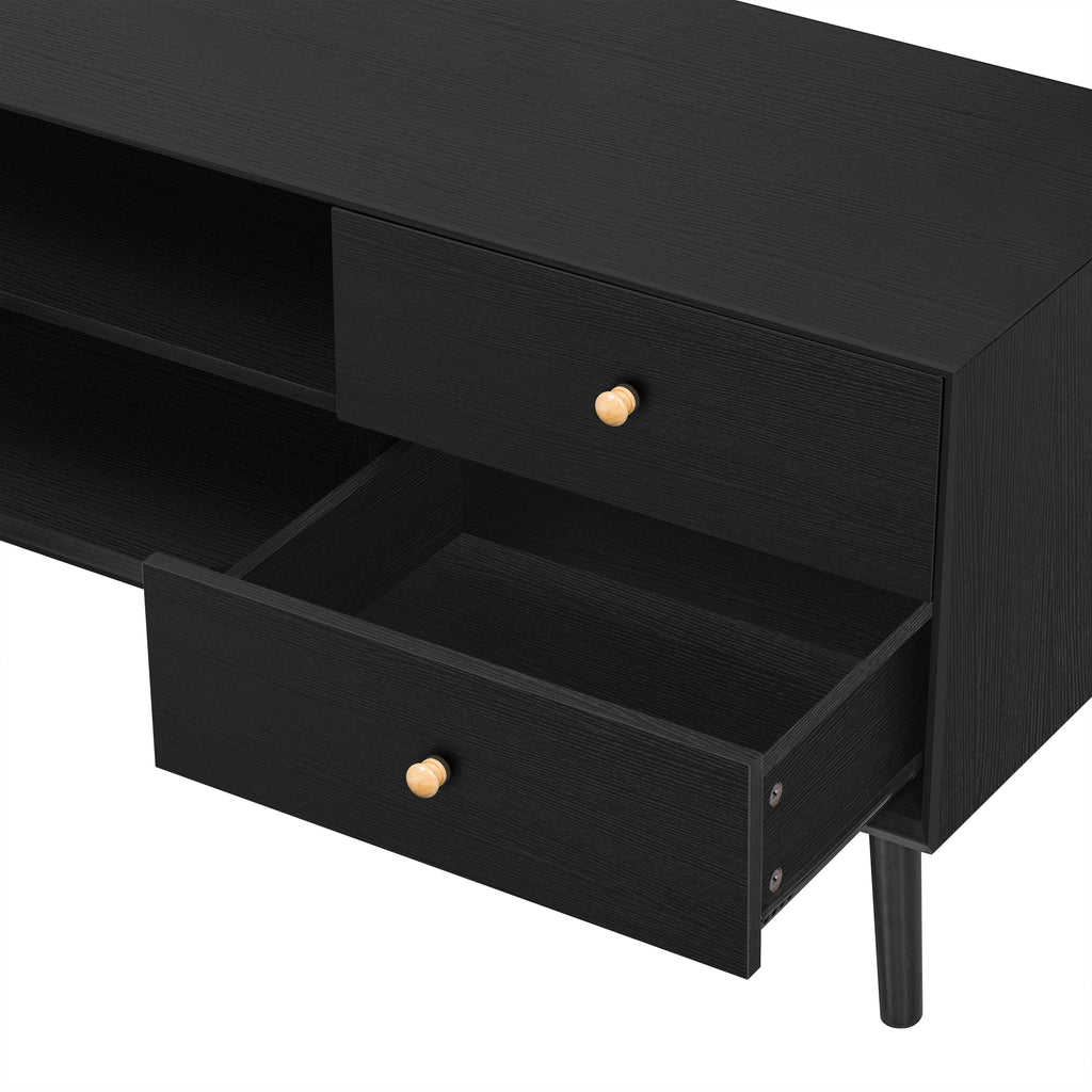 70' TV Stand for TVs up to 80 Inches, Mid Century Modern Entertainment Center with Rattan Doors, 2 Drawers, and Open Shelf, Television Stand for Living Room