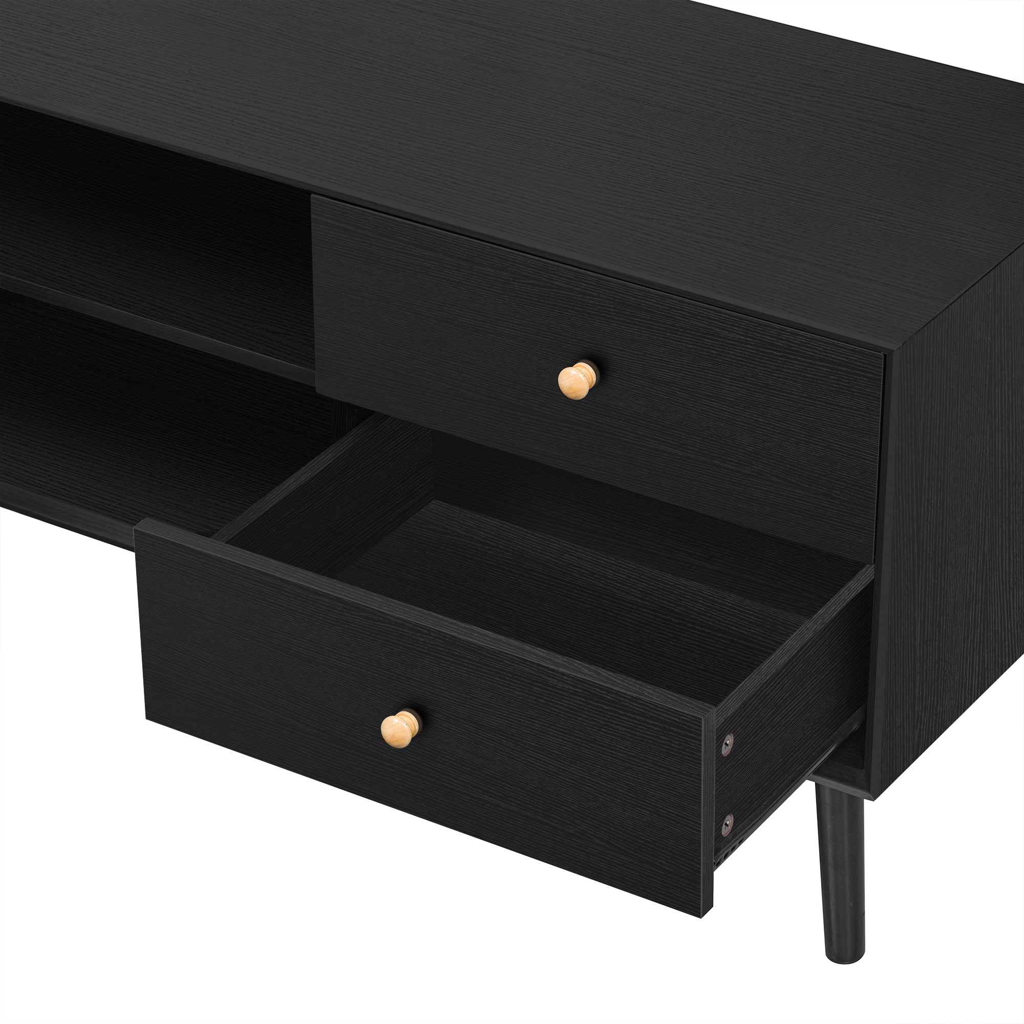 70' TV Stand for TVs up to 80 Inches, Mid Century Modern Entertainment Center with Rattan Doors, 2 Drawers, and Open Shelf, Television Stand for Living Room