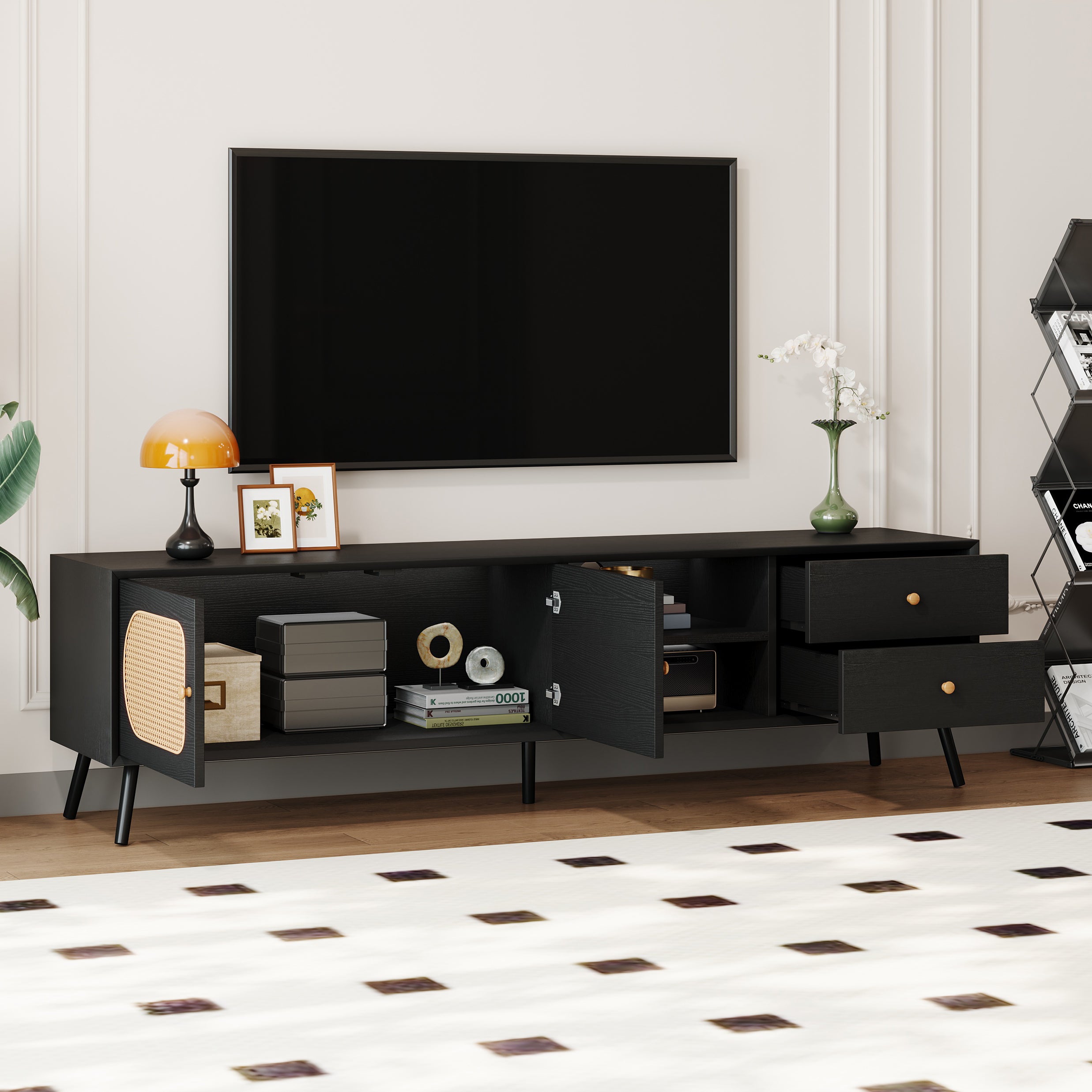 70' TV Stand for TVs up to 80 Inches, Mid Century Modern Entertainment Center with Rattan Doors, 2 Drawers, and Open Shelf, Television Stand for Living Room