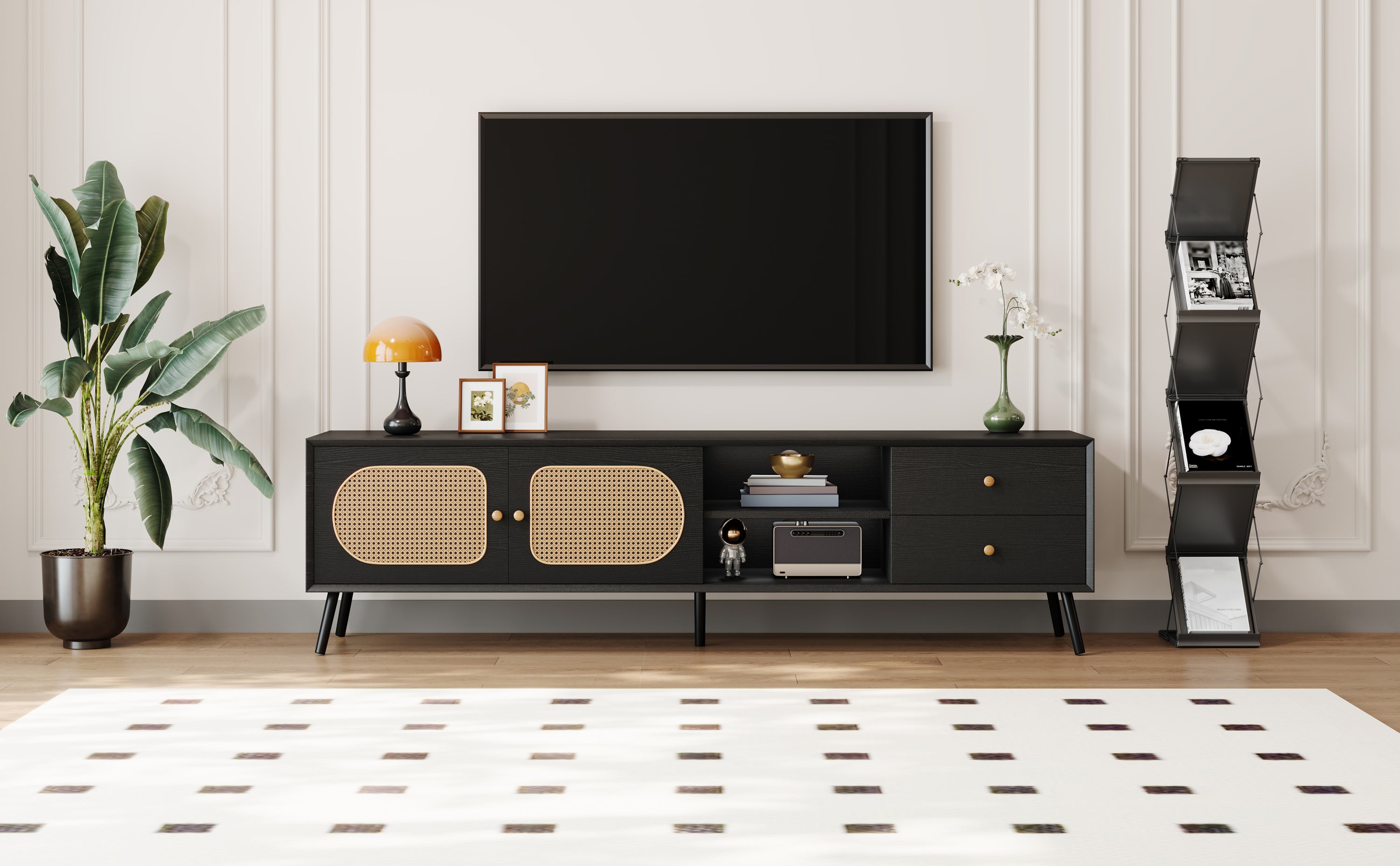 70' TV Stand for TVs up to 80 Inches, Mid Century Modern Entertainment Center with Rattan Doors, 2 Drawers, and Open Shelf, Television Stand for Living Room