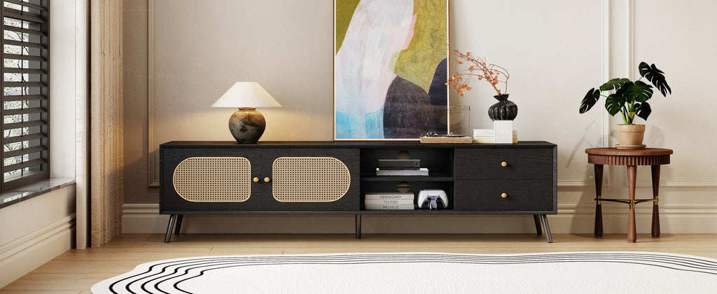 70' TV Stand for TVs up to 80 Inches, Mid Century Modern Entertainment Center with Rattan Doors, 2 Drawers, and Open Shelf, Television Stand for Living Room