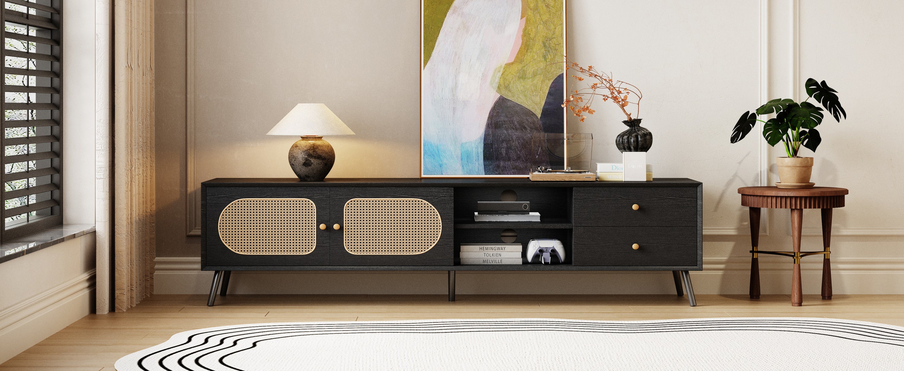 70' TV Stand for TVs up to 80 Inches, Mid Century Modern Entertainment Center with Rattan Doors, 2 Drawers, and Open Shelf, Television Stand for Living Room