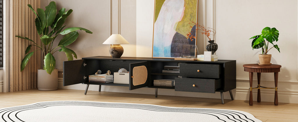 70' TV Stand for TVs up to 80 Inches, Mid Century Modern Entertainment Center with Rattan Doors, 2 Drawers, and Open Shelf, Television Stand for Living Room