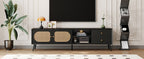 70' TV Stand for TVs up to 80 Inches, Mid Century Modern Entertainment Center with Rattan Doors, 2 Drawers, and Open Shelf, Television Stand for Living Room