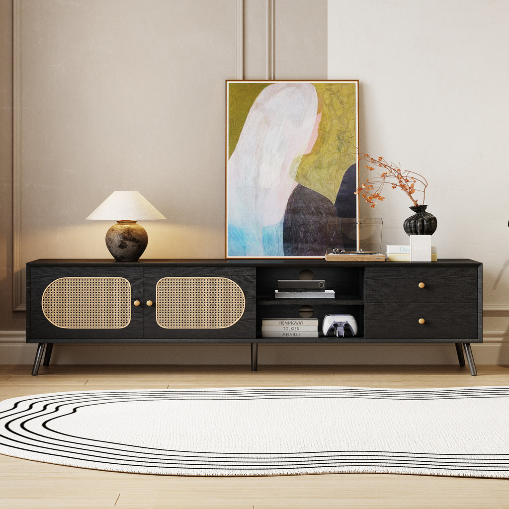 70' TV Stand for TVs up to 80 Inches, Mid Century Modern Entertainment Center with Rattan Doors, 2 Drawers, and Open Shelf, Television Stand for Living Room