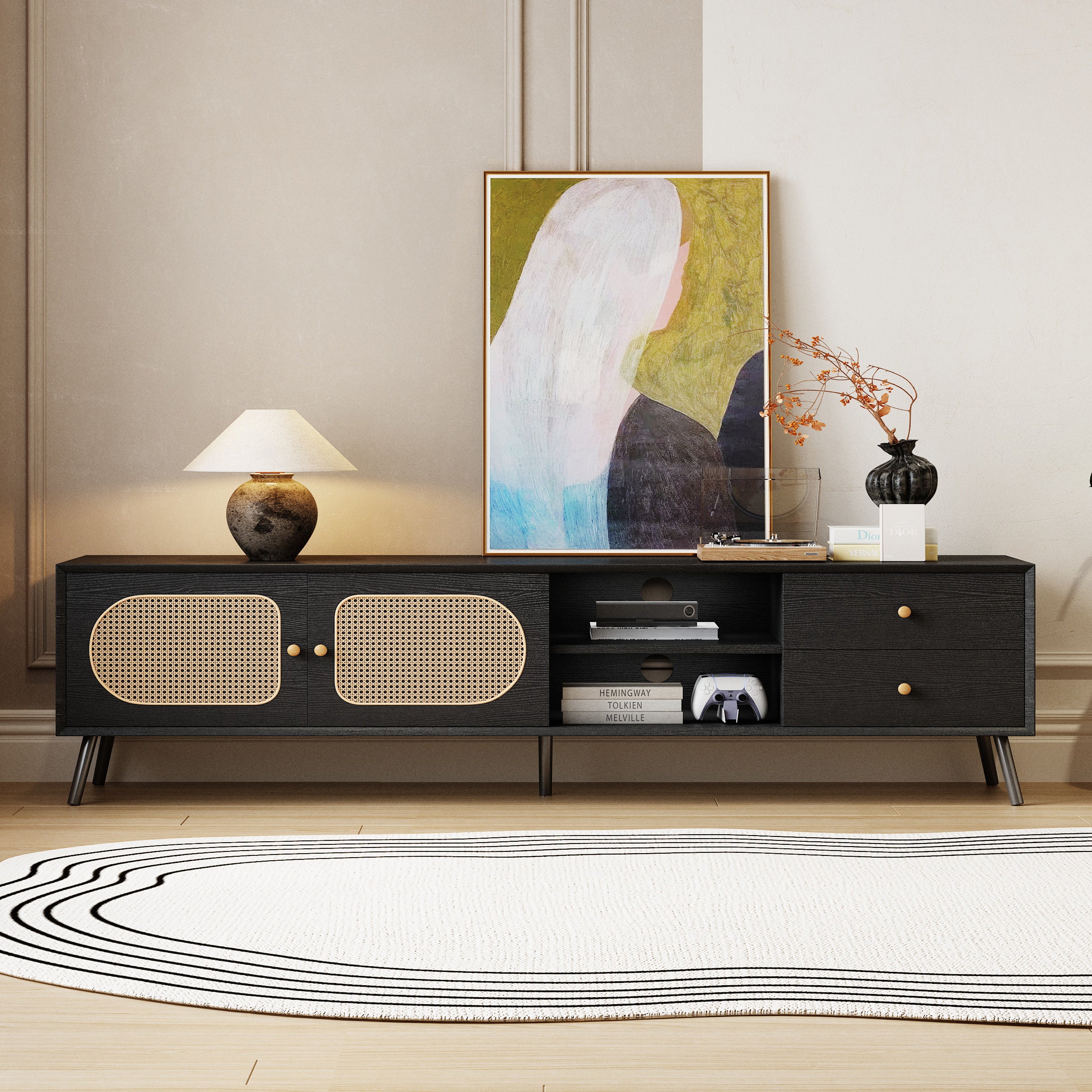 70' TV Stand for TVs up to 80 Inches, Mid Century Modern Entertainment Center with Rattan Doors, 2 Drawers, and Open Shelf, Television Stand for Living Room