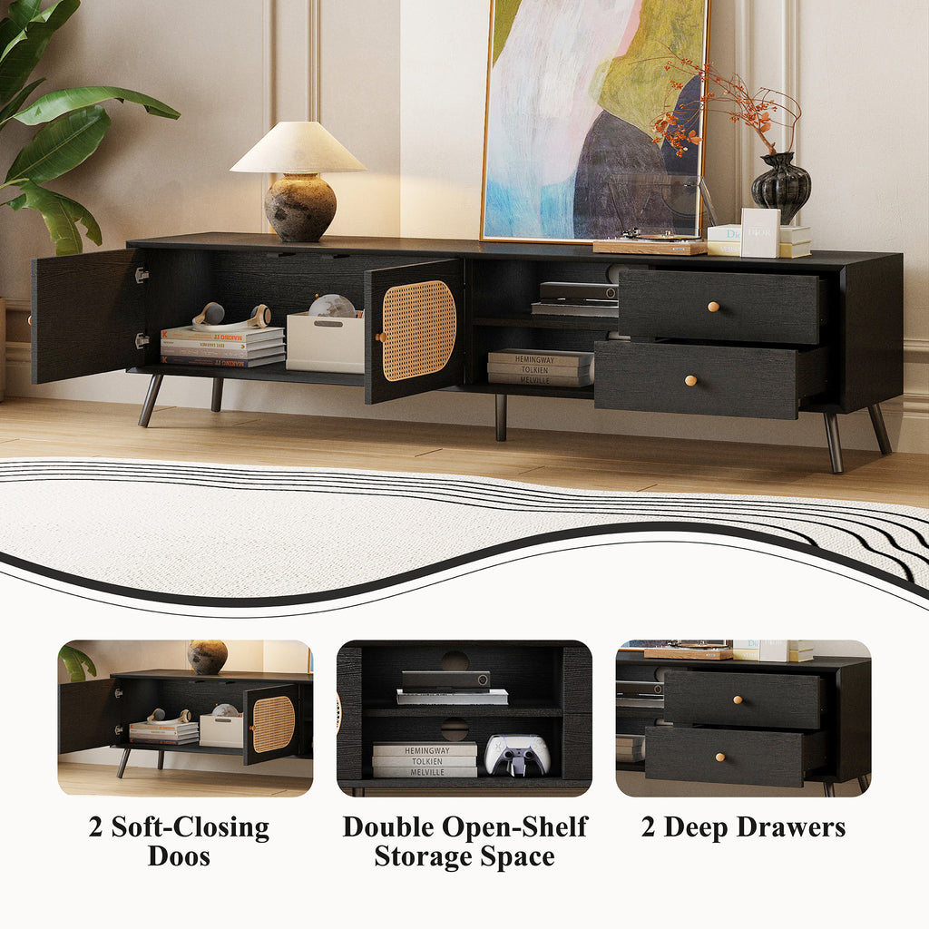 70' TV Stand for TVs up to 80 Inches, Mid Century Modern Entertainment Center with Rattan Doors, 2 Drawers, and Open Shelf, Television Stand for Living Room