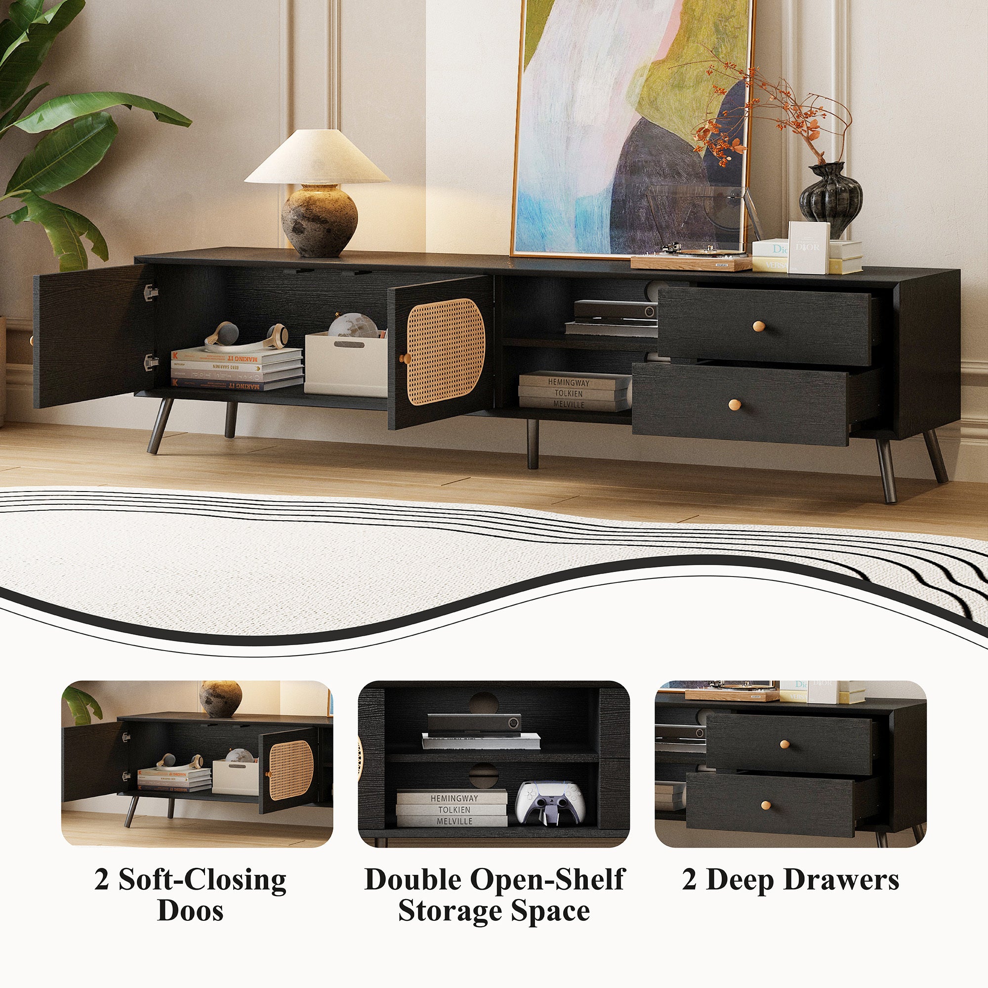 70' TV Stand for TVs up to 80 Inches, Mid Century Modern Entertainment Center with Rattan Doors, 2 Drawers, and Open Shelf, Television Stand for Living Room