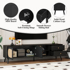 70' TV Stand for TVs up to 80 Inches, Mid Century Modern Entertainment Center with Rattan Doors, 2 Drawers, and Open Shelf, Television Stand for Living Room