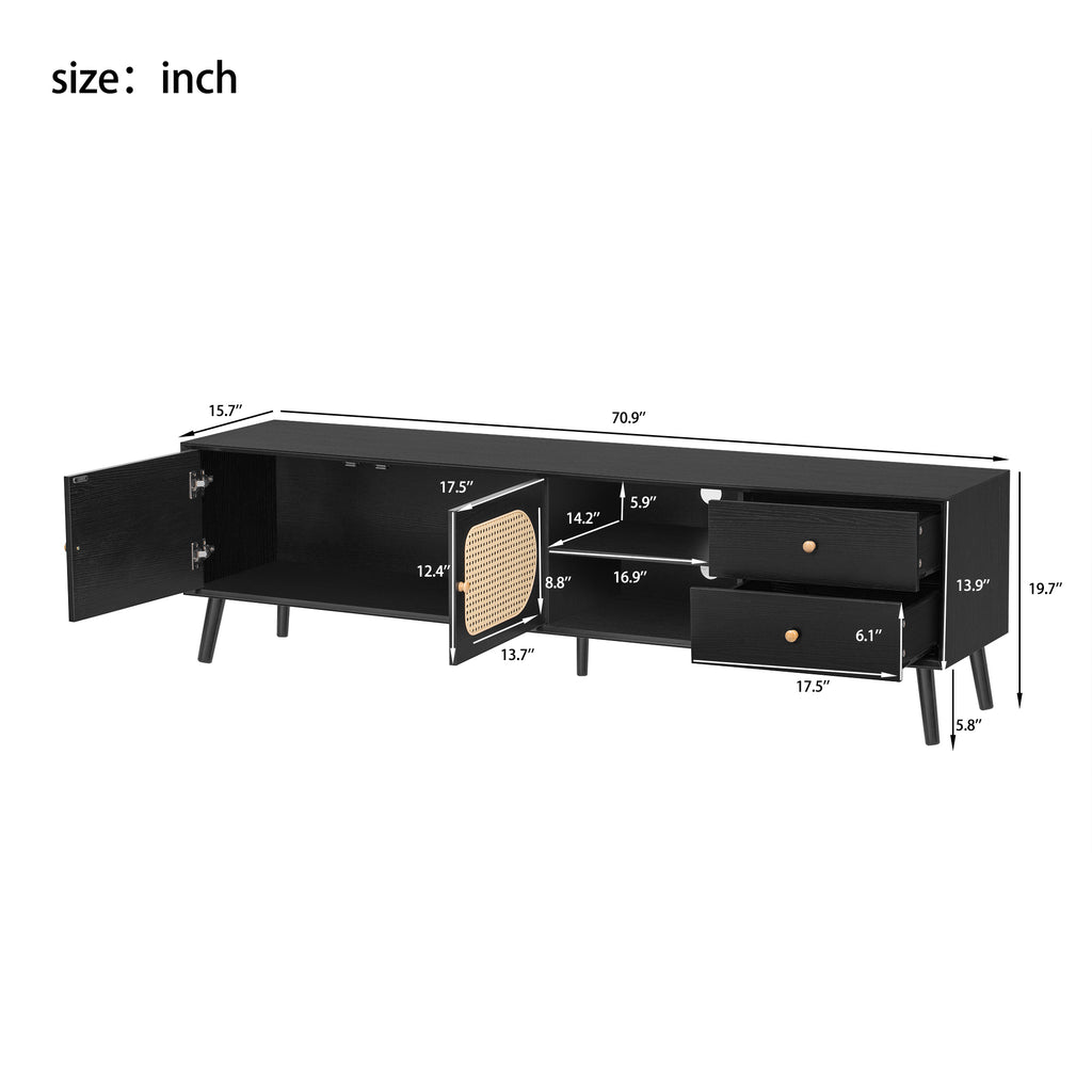 70' TV Stand for TVs up to 80 Inches, Mid Century Modern Entertainment Center with Rattan Doors, 2 Drawers, and Open Shelf, Television Stand for Living Room