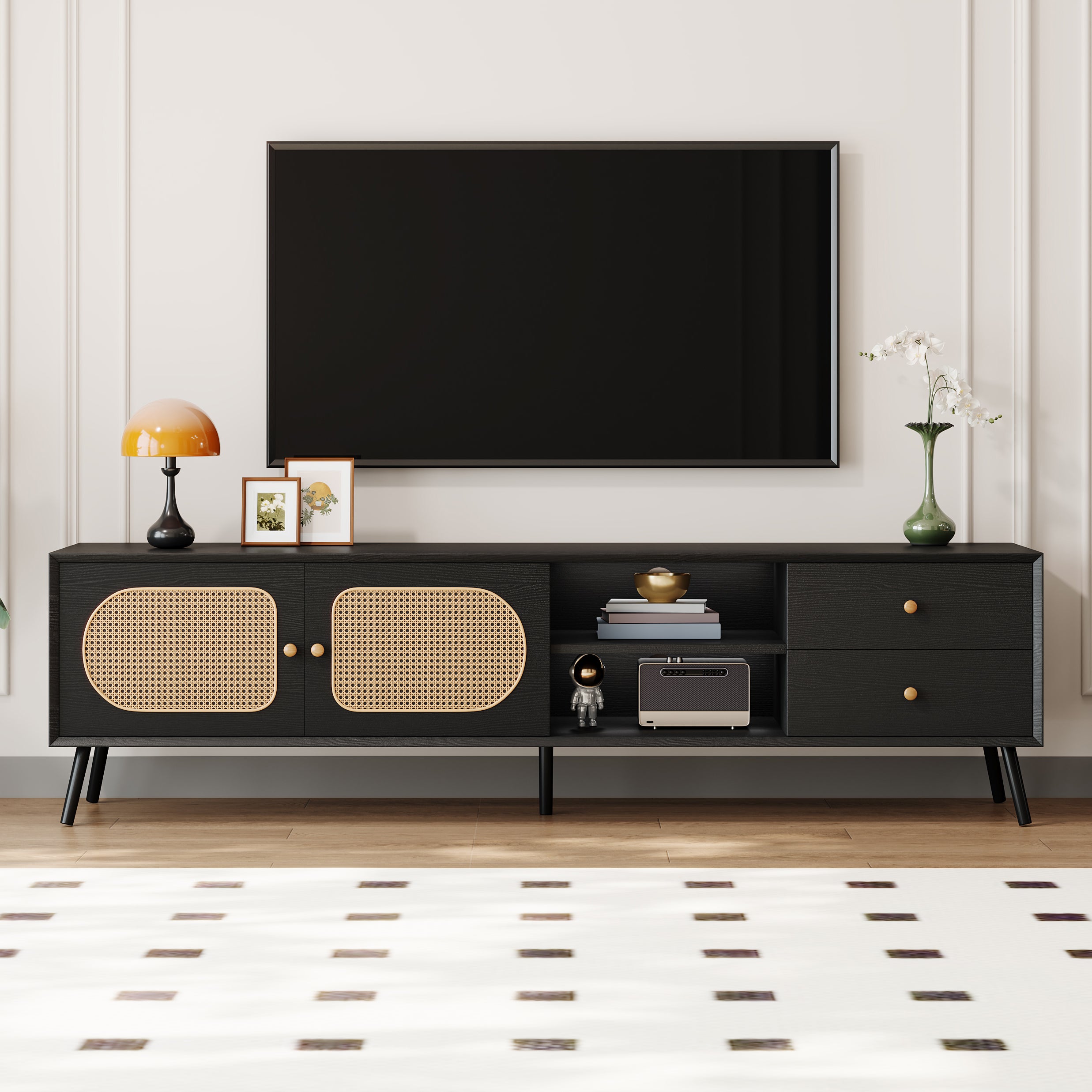 70' TV Stand for TVs up to 80 Inches, Mid Century Modern Entertainment Center with Rattan Doors, 2 Drawers, and Open Shelf, Television Stand for Living Room