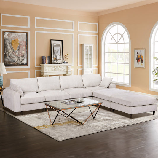 Modern corduroy modular section sofa, U-shaped convertible L-shaped sofa set with pillow, oversized sectional sofa with footstool, suitable for living room, attic, apartment, office - white 6 seat