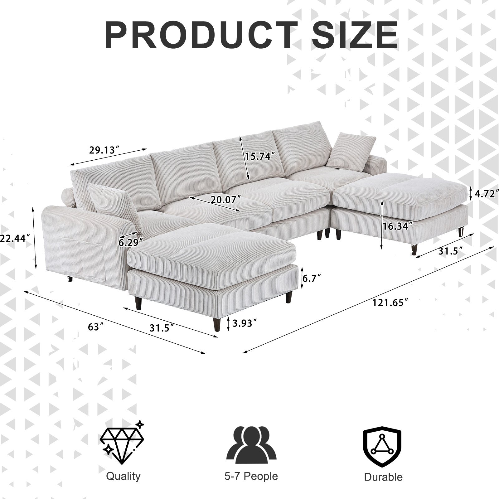 Modern corduroy modular section sofa, U-shaped convertible L-shaped sofa set with pillow, oversized sectional sofa with footstool, suitable for living room, attic, apartment, office - white 6 seat