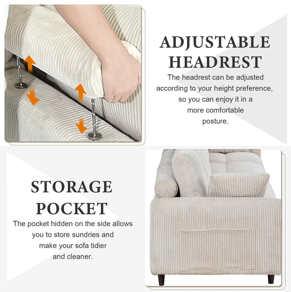 Mid-Century Modern Beige Corduroy 6-Seat Sectional Sofa.